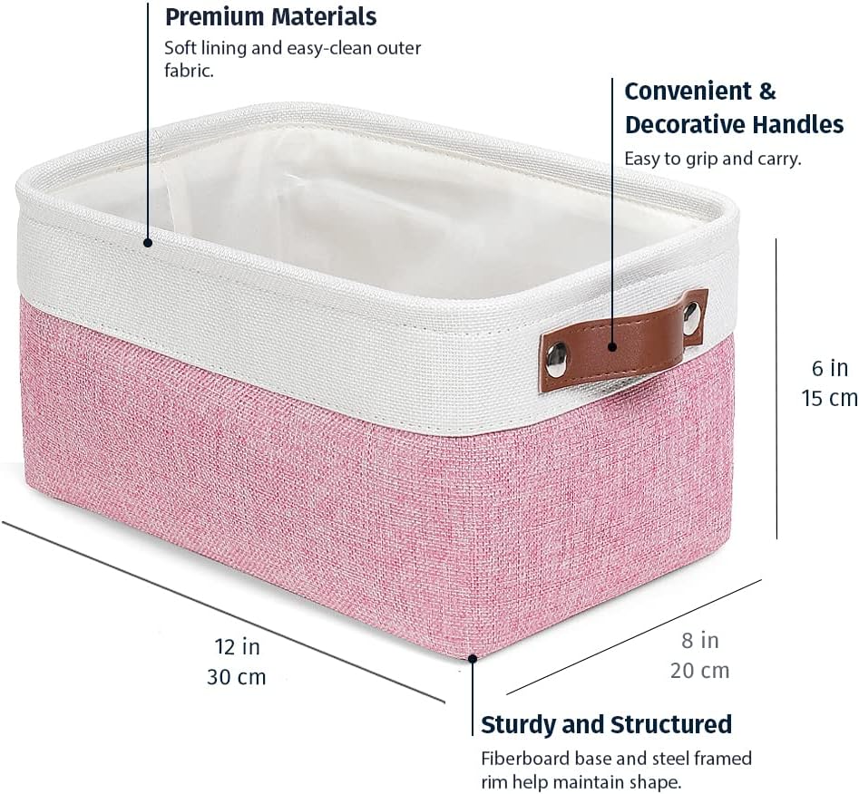OrganiHaus Small Fabric Storage Baskets for Shelves 6 Pack, 12x8in Closet Storage Bins for Shelves, Cloth Baskets for Organizing, Linen Closet Organizers, Fabric Basket, Pink/White