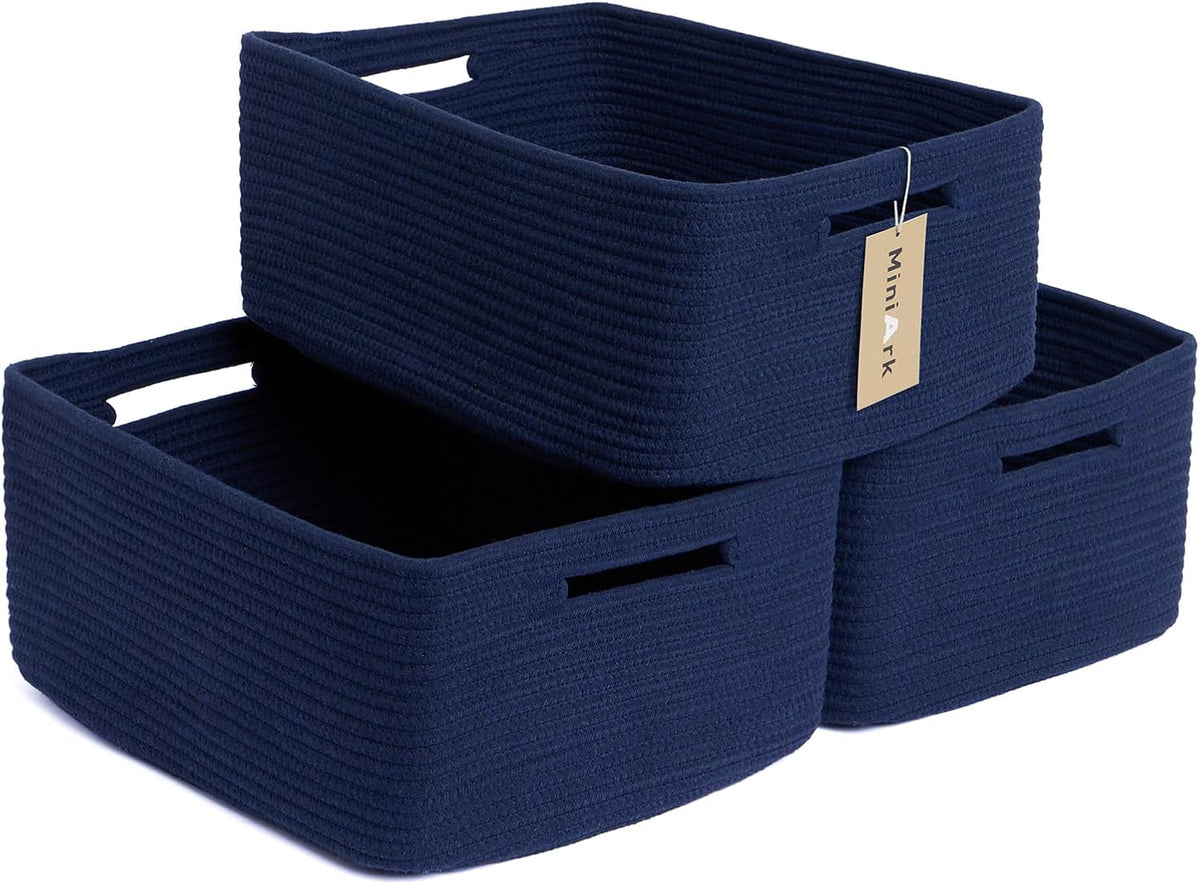 Large Storage Baskets for Shelves, Closet Organizers Bins for Clothes Blanket Towels, Baby Nursery, Toy Baskets Box, Woven Rope Baskets, 17 x 13 x 7.5”, 3 Packs Navy Blue