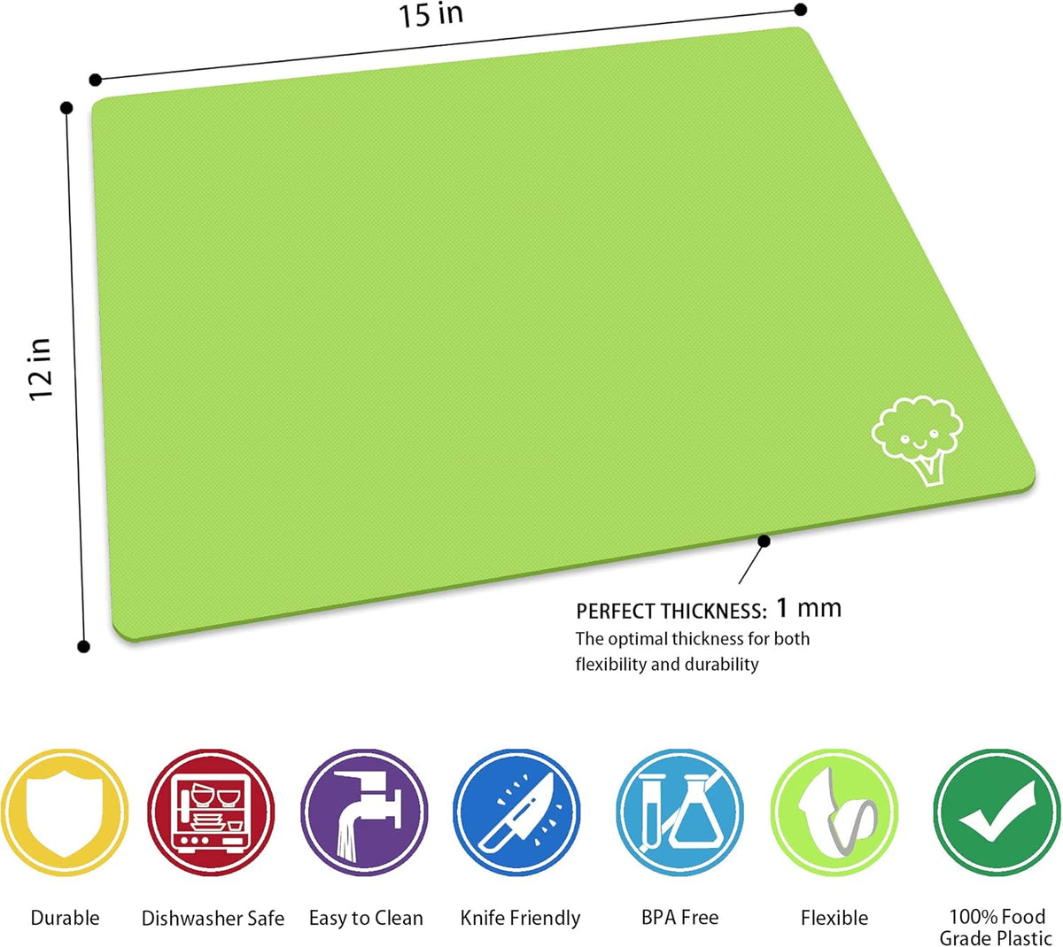 ZVP Flexible Plastic Cutting Board Mats Set of 5, Colorful Chopping Boards with Food Icon for Kitchen, BPA Free, Non-Slip Back, Non Porous, Dishwasher Safe Rainbow