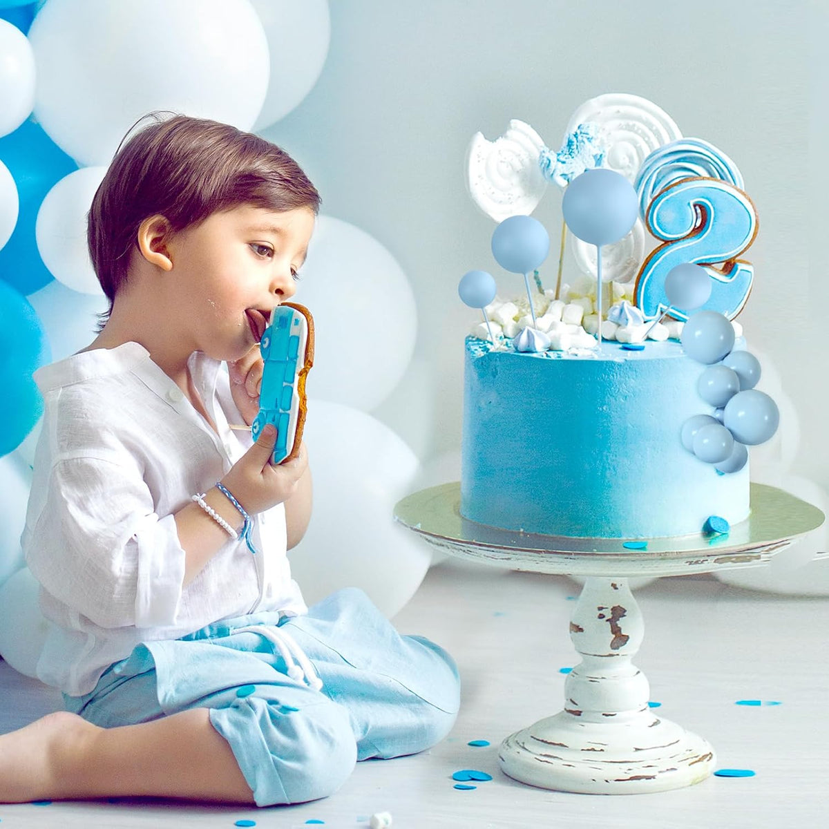 48 Pcs Balls Cake Topper Decorations Balloon Cupcake Toppers Foam Cake Topper Balls Cake Balls Decorations for Birthday Party Wedding Anniversary Cake Decorating (Light Blue)