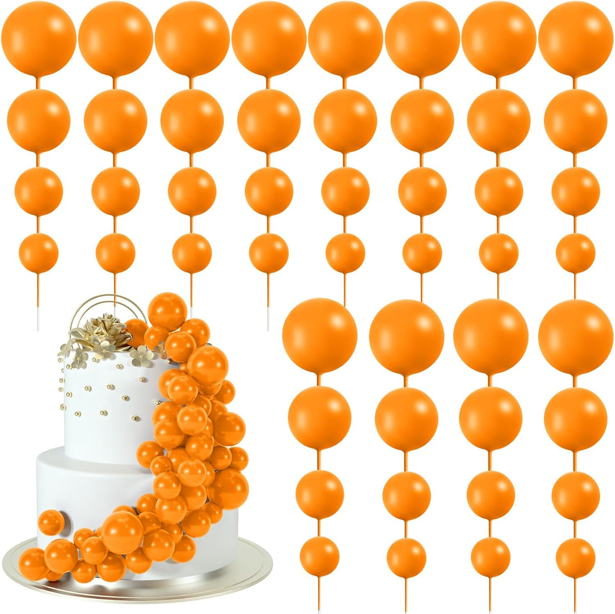 48 Pcs Orange Balls Cake Topper Decorations Balloon Cupcake Toppers Foam Cake Topper Balls for Thanksgiving Halloween Birthday Party Wedding Anniversary Cake Decorating