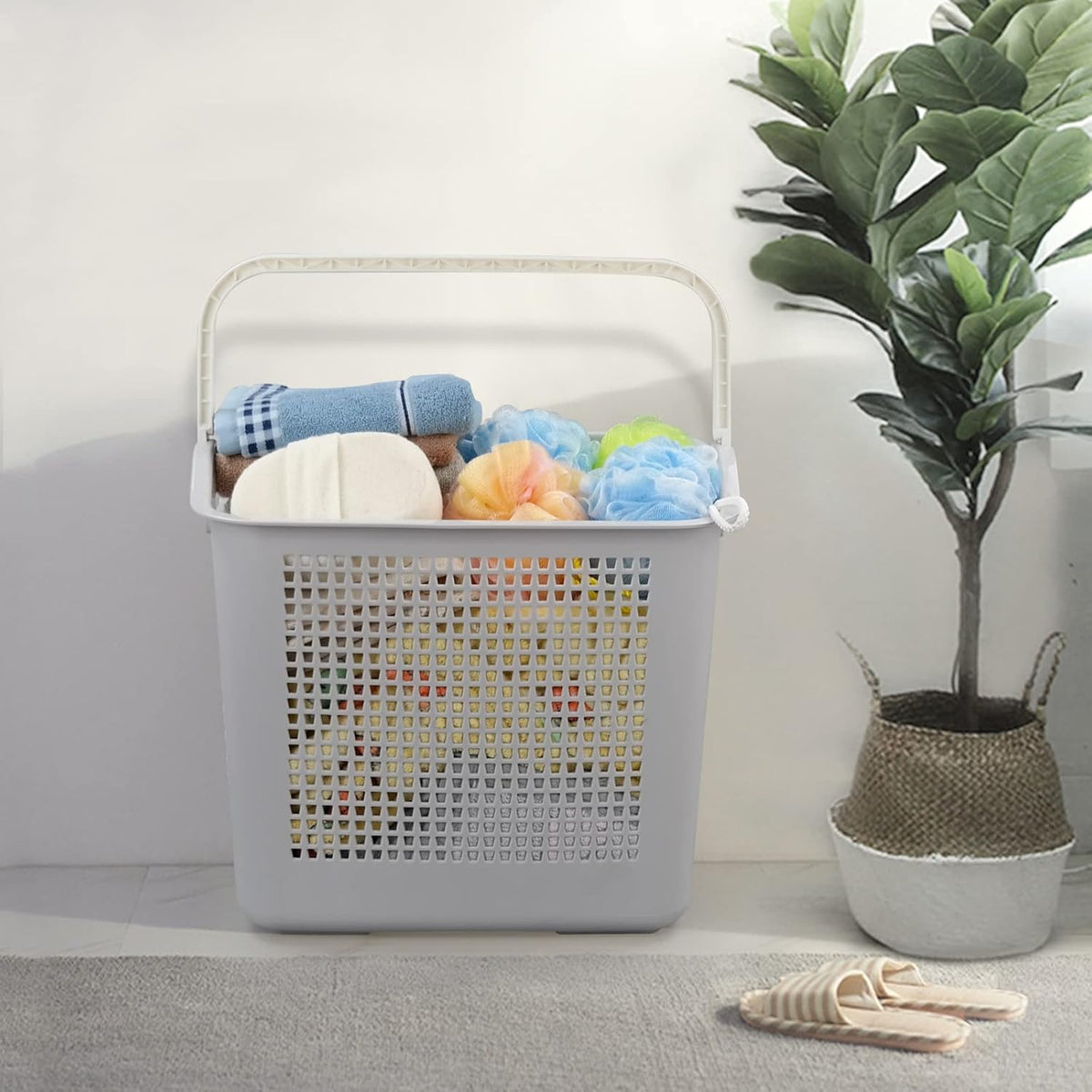 4-Pack 35 L Plastic Laundry Hamper, Large Storage Basket with Handle, Gray