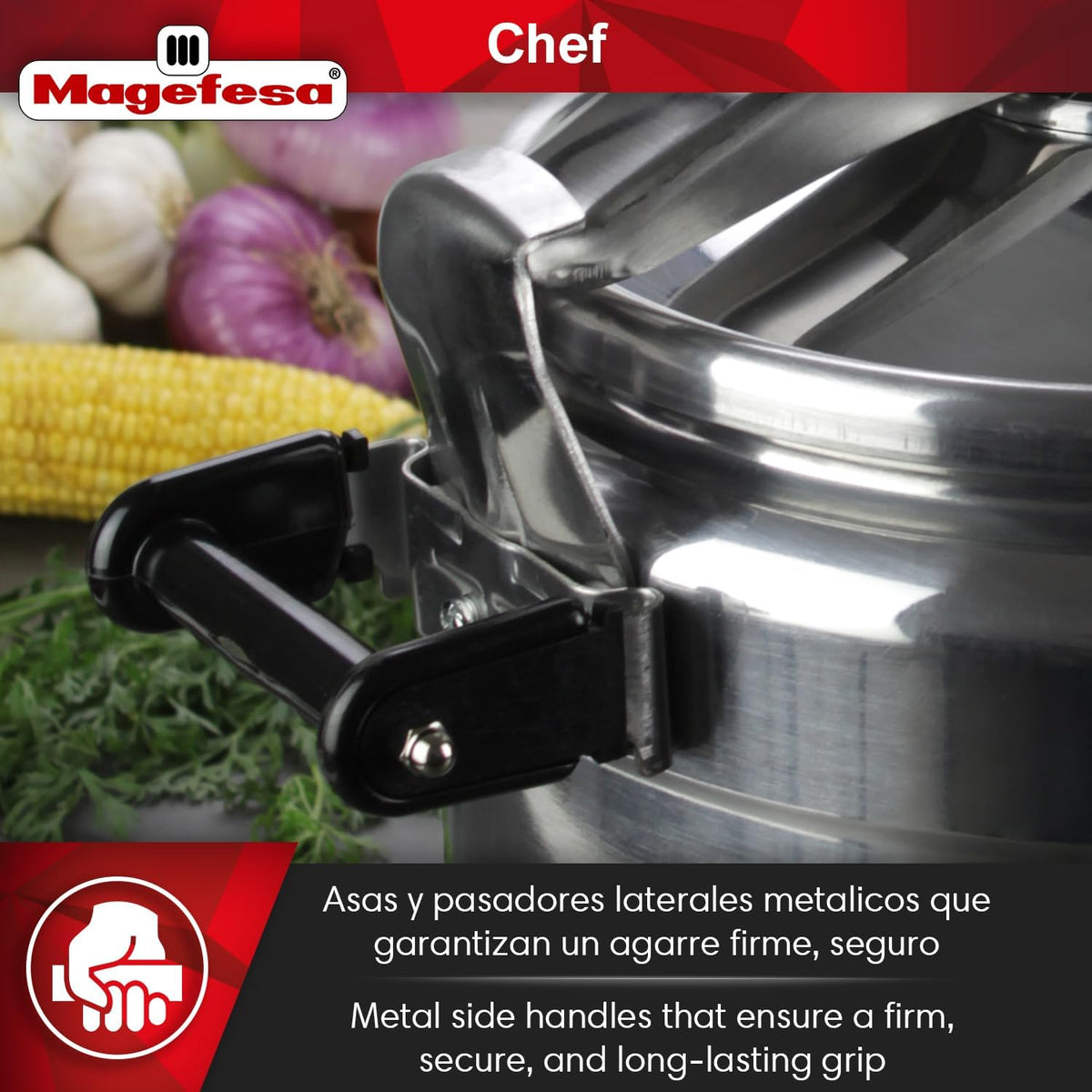 MAGEFESA Chef 16-Quart Aluminum Pressure Cooker – Stainless Steel Lid, Thermodiffusion Base, 3 Safety Systems, Fast & Even Cooking