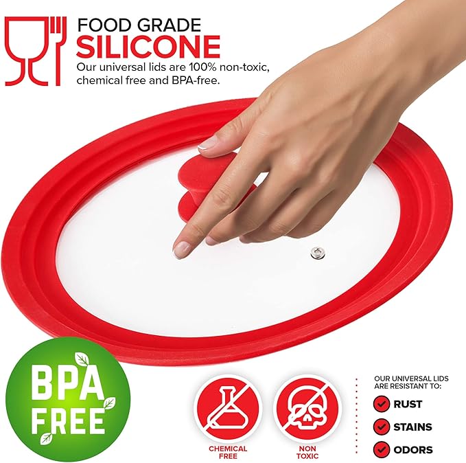 Modern Innovations Universal Lids (Set of 2) Fits 7 to 12-Inch Cookware, Silicone Replacement Pan Lid, Glass Top Covers for Skillets, Pots, Frying Pans, Cast Iron - Red