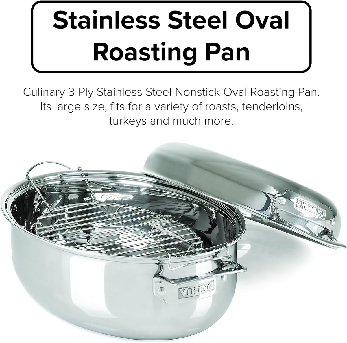 Viking 3-Ply Oval Roasting Pan, 8.5 Quart, Stainless Steel Kitchen Cookware with Metal Induction Lid and Rack, Great for Turkey, Dishwasher and Oven Safe, Silver
