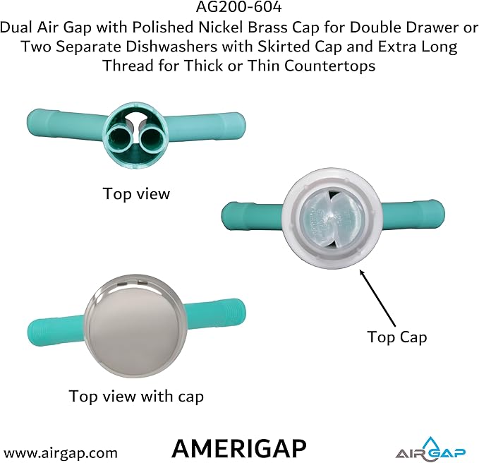 Dual Air Gap with Polished Nickel Brass Cap for Double Drawer or Two Separate Dishwashers with Skirted Cap and Extra Long Thread for Thick or Thin Countertops (AG200-604, AG200-X04,AMERIGAP)