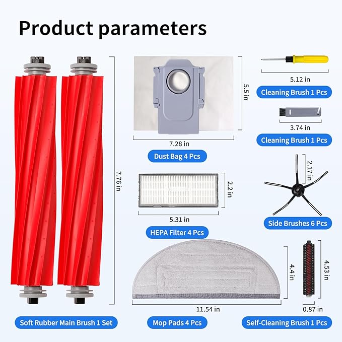 23 PCS Replacement Parts Compatible with Roborock S7 MaxV Ultra Robot Vacuum Cleaner,6 Side Brushes,4 HEPA Filters,4 Dust Bags,1 Cleaning Brush,2 Main Brushes,4 Mop Pads,2 Tools