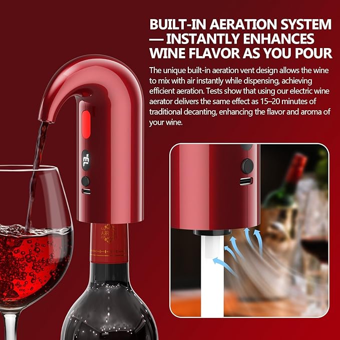 Electric Wine Aerator & Dispenser – 1-Touch Instant Aeration, Precision Pouring & Temp Display – USB Rechargeable Gift Edition for Parties, Holidays & Wine Lovers (Red)