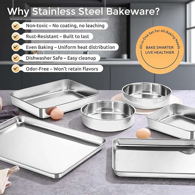 E-far Stainless Steel Baking Pan Set, 6-Piece Metal Bakeware Sets Include Cookie Sheet, Round Square Rectangle Cake Pans, Non-toxic & Dishwasher Safe