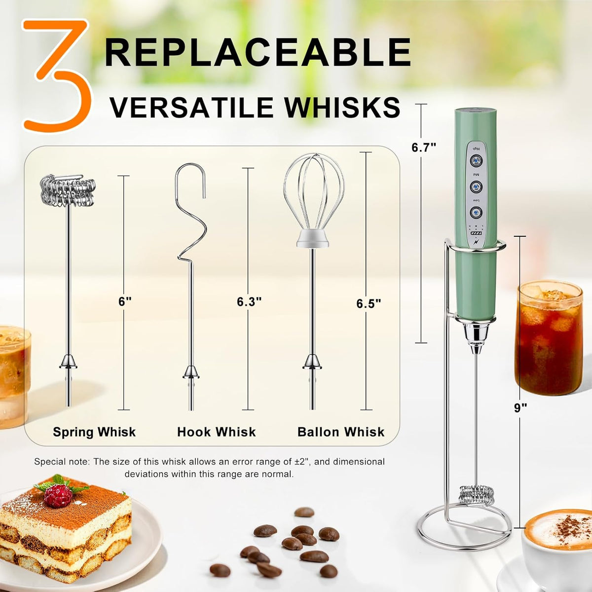 YUSWKO Granite Rechargeable Milk Frother for Coffee with Stand, Handheld Drink Mixer with 3 Heads 3 Speeds Electric Stirrers for Latte, Cappuccino, Hot Chocolate, Egg