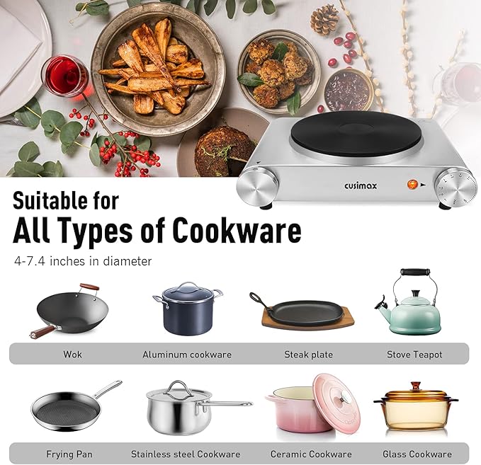 Electric Stove, CUSIMAX Portable Hot Plate for Countertop, Single Cast Iron Burner, 1500 Watts 7-Stage Temperature Control, Suitable for Any Cookware, Easy to Clean