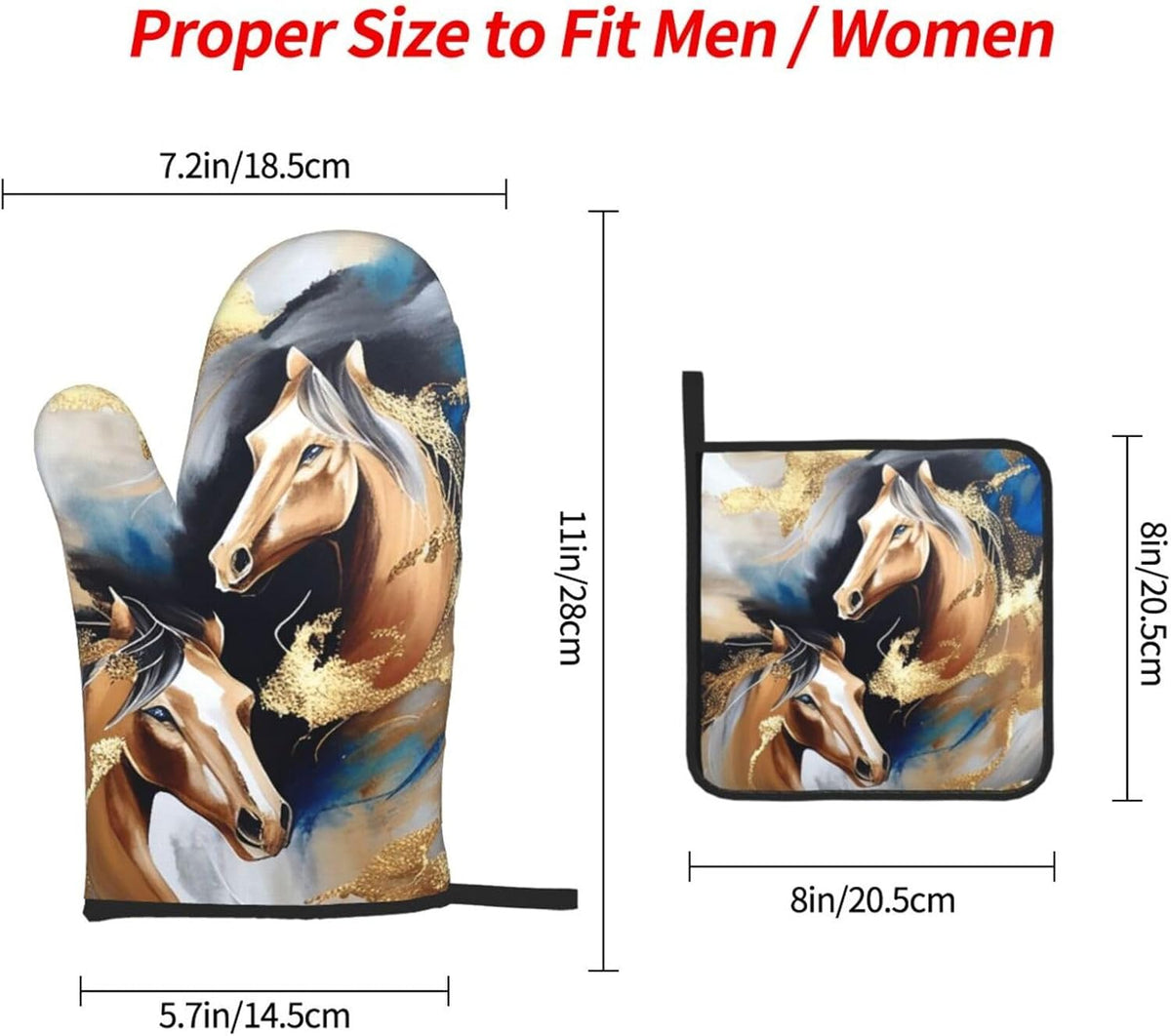 Horse Oven Mitts and Pot Holders Sets of 3 Modern Kitchen Decor Heat Resistant Hot Pads Funny Oven Gloves for Cooking Grilling Baking