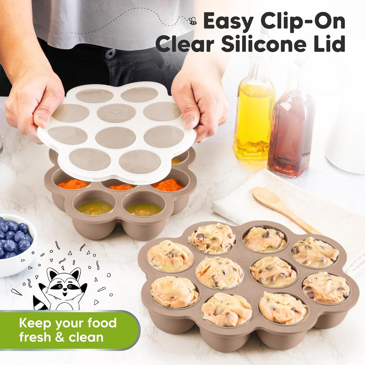 KeaBabies Silicone Food Freezer Trays with Lid, 2oz x 10 Pods Baby Food Storage Containers, Easy Puree Meal Prep, Breast Milk Silicone Freezer Molds, Dishwasher, Microwave Safe,BPA-Free(Chai Latte)