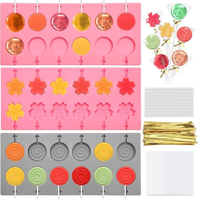 303Pcs Silicone Lollipop Molds Kit, Lollipop Maker Molds Set, Non-Stick Lollipop Candy Molds for Chocolate, 3D Flower Silicone Mold for Hard Candy with 100P Sticks, 100P Candy Bags, 100P Ties