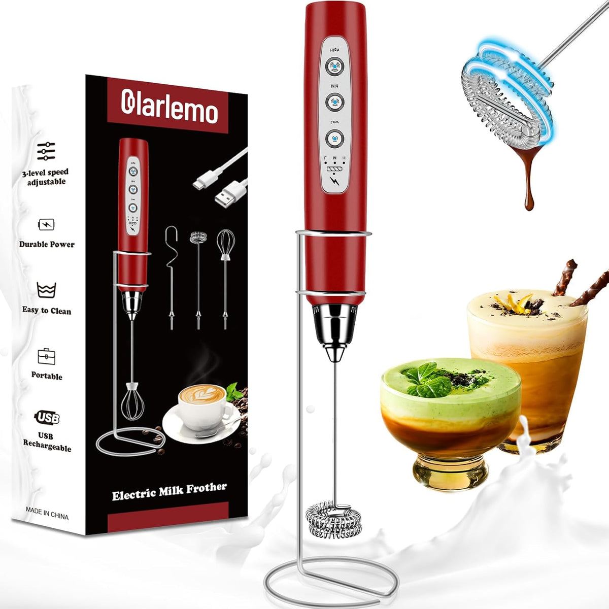 Milk Frother Handheld Rechargeable with Stand, Frother Wand Drink Mixer Electric Whisk for Coffee, Detachable With 3 Stainless Whisks, Hand Mixer for Lattes, Cappuccino, Matcha, Egg, Red