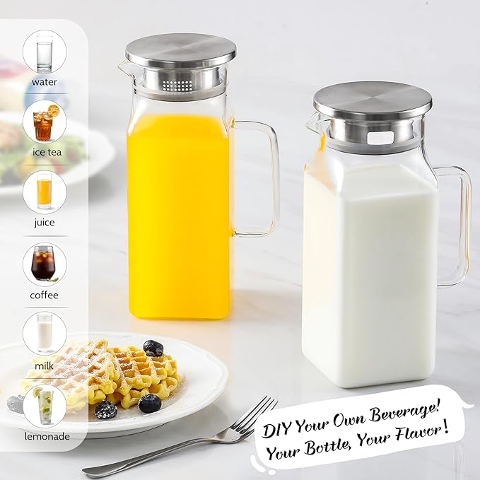 Netany 2 Pack 1.2 Liters/40 oz Small Square Glass Pitcher with Lid and Handle for Fridge, Iced Tea and Coffee Carafe Storage Container, Resistant to Hot and Cold Borosilicate Jug