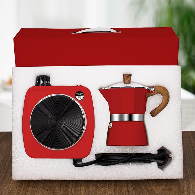 2-in-1 Moka Pot Espresso Set with Electric Stove 3 Cup Aluminum Stovetop Coffee Maker Percolator Italian Classic Mocha Coffee Machine for Italian and Cuban Cafe Brewing Portable Camping Red