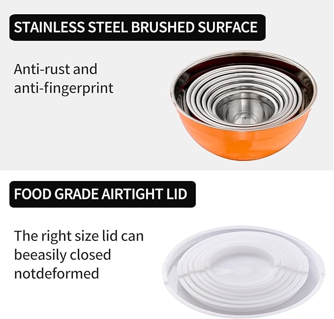 Orange Mixing Bowls with Lids Set of 7, Stainless Steel Nesting Bowl with Khaki Lid for Non-slip Mixing Prepping Storing Serving, 7 Sizes-7/3.6/2.7/2.1/1.5/1/0.8 QT