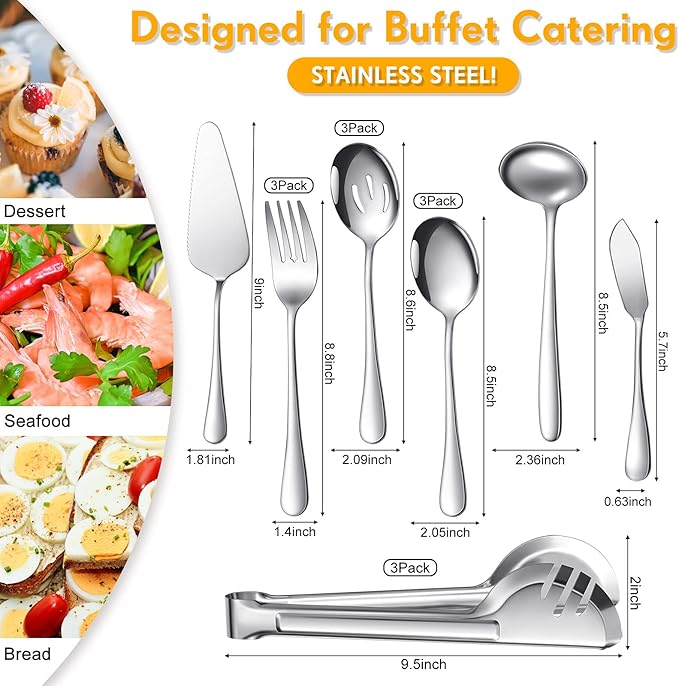 Patelai Serving Utensils Set Include Stainless Steel Large Spoons Slotted Spoons Forks Tongs Soup Ladle and Pie Server for Parties Buffet Catering, Dishwasher Safe(Silver,15 Pieces)