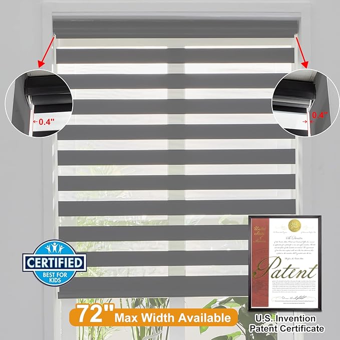 Persilux Cordless Zebra Blinds for Windows (58" W X 72" H, Black) Free-Stop Roller Windows Shades Dual Layer Light Control for Day and Night, Light Filtering Sheer Shades for Home, Easy to Install