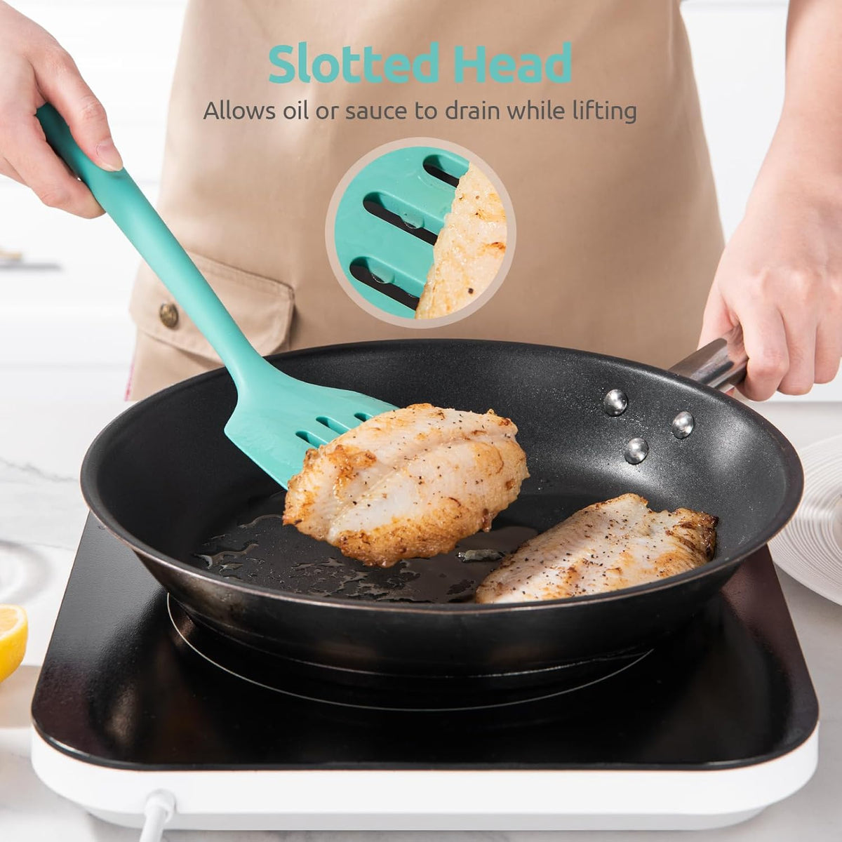 13.6" Slotted Silicone Turner: U-Taste 600ºF Heat Resistant Kitchen Spatula Flipper, Food Grade Flexible Wide Seamless Rubber Cooking Utensil for Egg, Omelette, Burger in Nonstick Cookware (Aqua Sky)