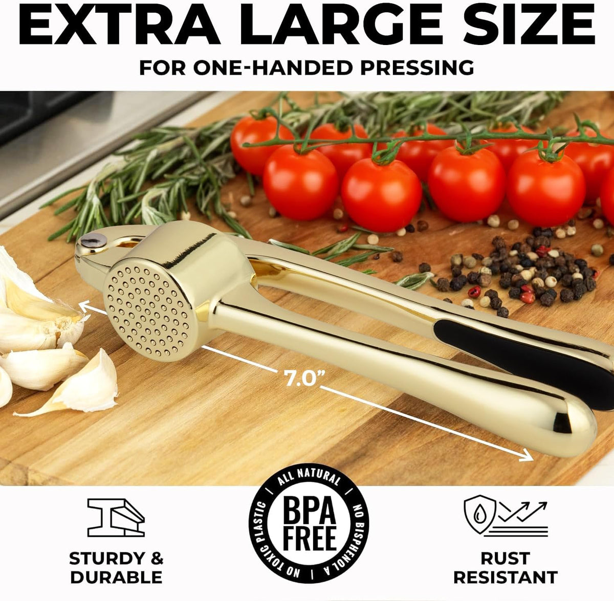 Zulay Kitchen Large Premium Garlic Press Set - Bigger Bowl for Bigger Garlic - Rust Proof & Dishwasher Safe Garlic Mincer Tool - Easy-Squeeze, Easy-Clean Silicone Garlic Peeler & Brush (Gold)