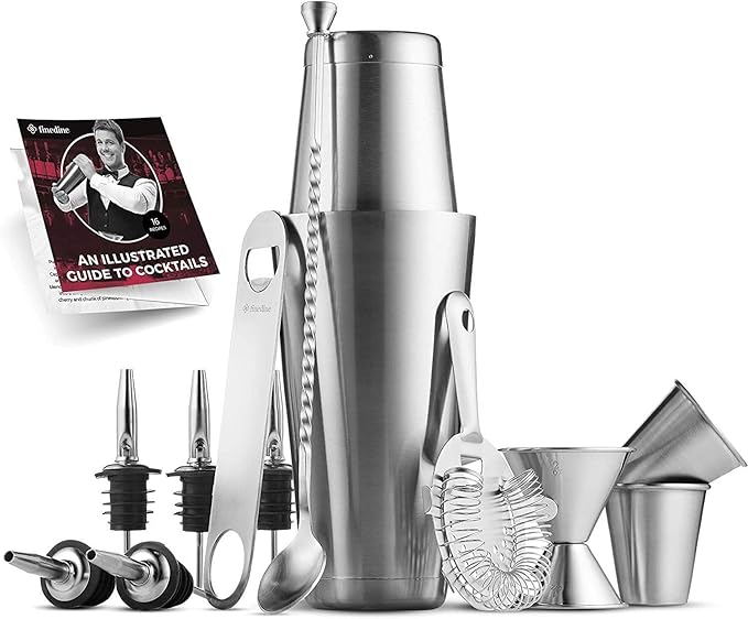 Cocktail Shakers Set, 14 Piece Stainless Steel Bar Tools Kit with Shaking Tins, Flat Bottle Opener, Double Bar Jigger, Hawthorne Strainer, Shot Glasses, Bar Spoon, and 6 Pour Spouts.