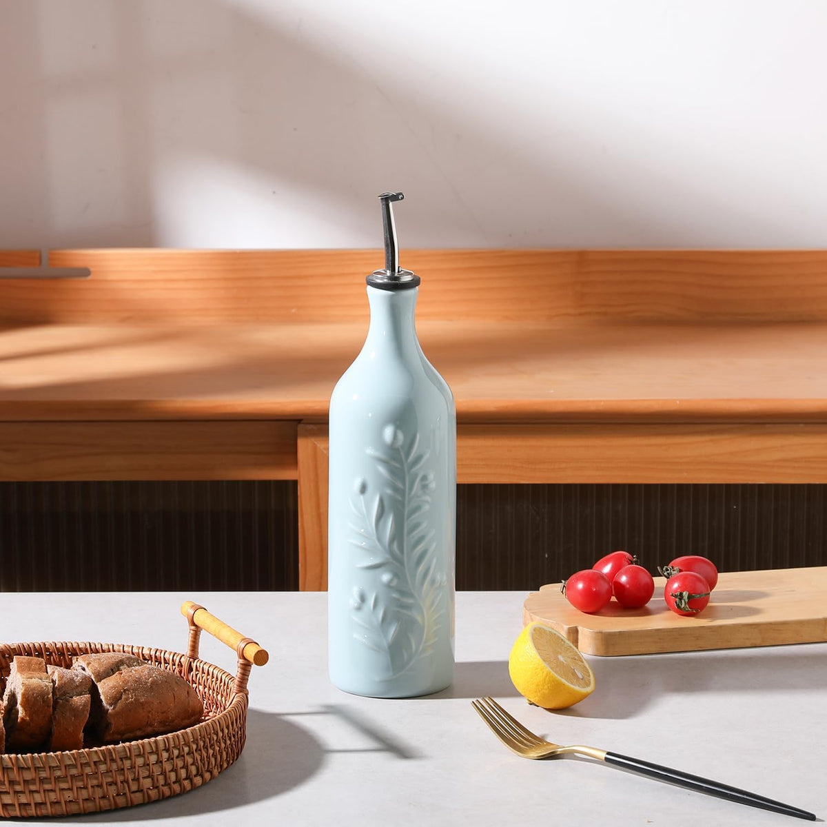 Sweejar Large Olive Oil Dispenser Bottle with Spout, 24 Oz Ceramic Oil Dispenser for Kitchen, Relief Opaque Cruet, Container for Cooking, EVOO, Vinegar, Pack of 1 (Light Blue)