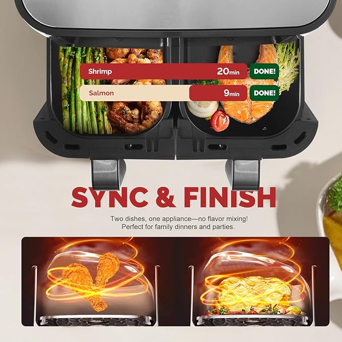 Upgraded Large 10QT Dual Air Fryer, Digital Touchscreen, Smart Sync Cook & Finish Function to Air Frying, Reheat, Bake, Double Baskets for Fresh Meals, Snack for Family and Children
