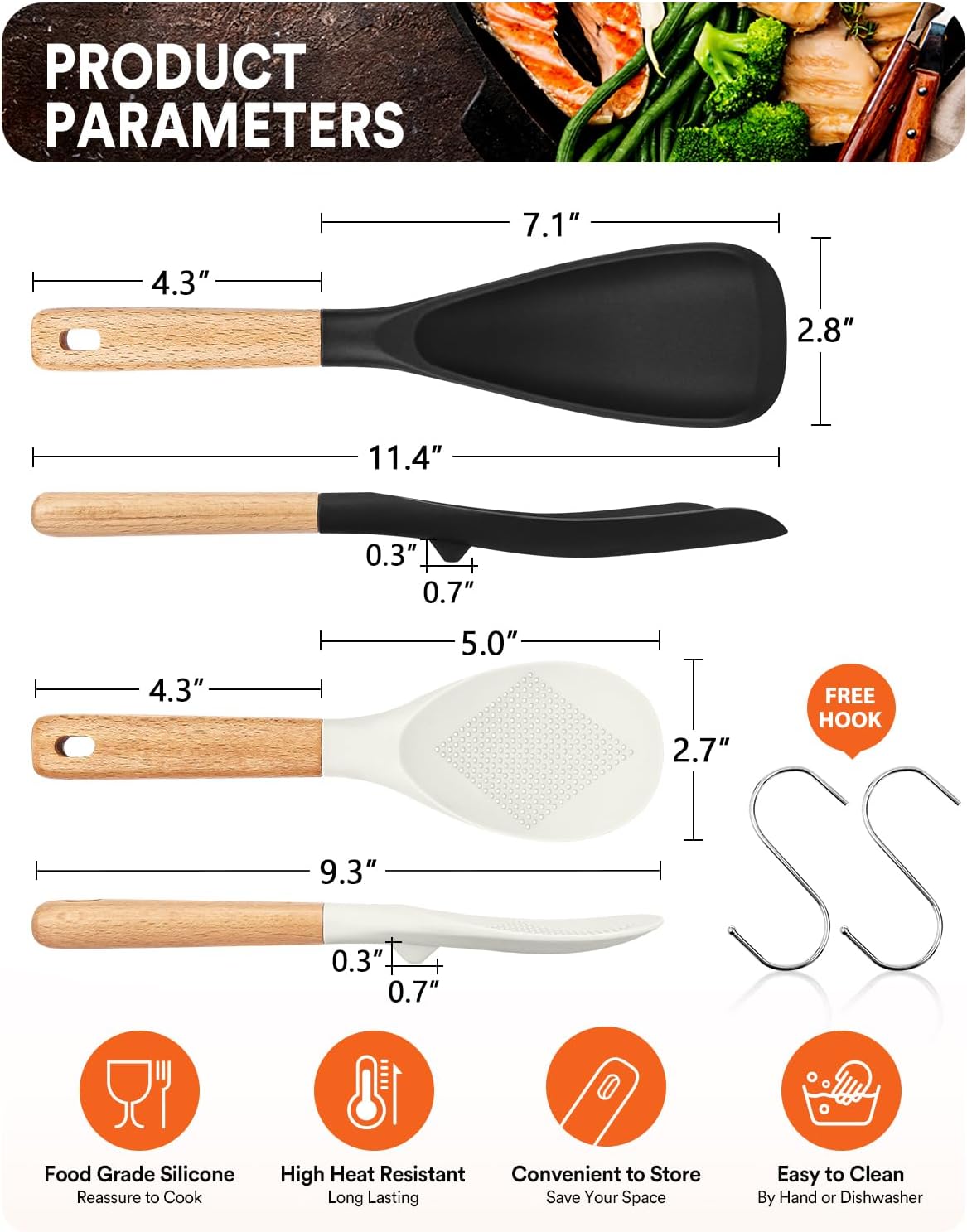 Cooking Spoon and Rice Scooper for Nonstick Cookwares, Great for Cooking and Serving Sturdy BPA-Free Matte Silicone, Wood Handle Spoon for Mixing, Scoop, and Scrape (Black Spoon & White Scooper）