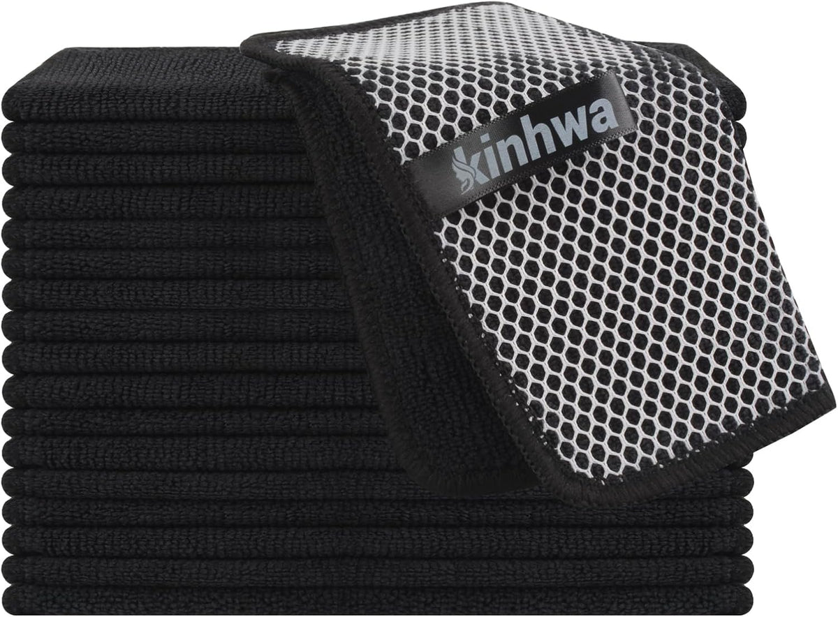 KinHwa Kitchen Washcloths for Dishes Absorbent Microfiber Dish Cloths Quick Dry Dish Rags with Poly Scour Scrub Side Ideal for Kitchen Cleaning (Black, 7inchx7inch 18 Pack)