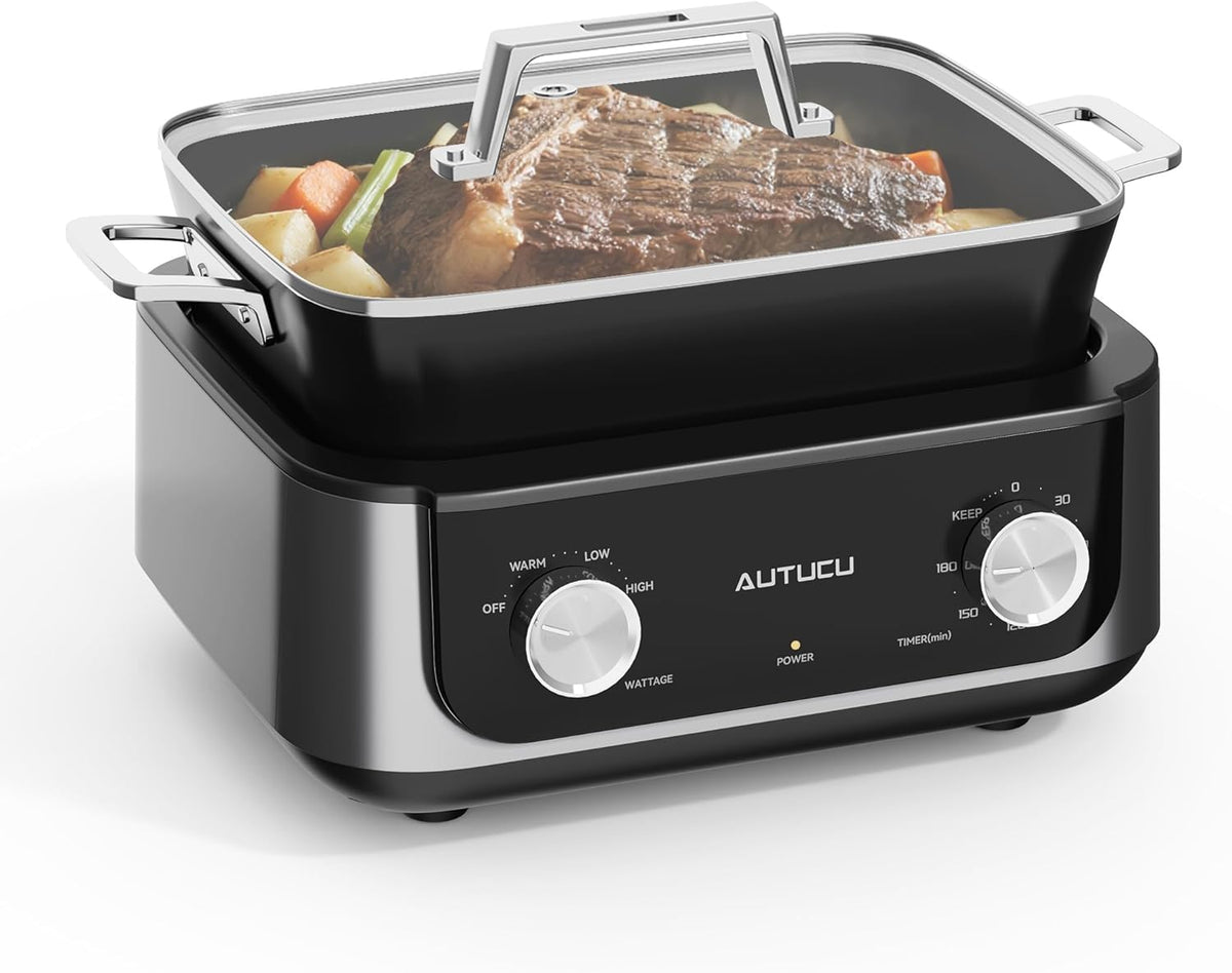 7-Quart Slow Cooker - PFOA-Free Nonstick Pot with 3 Heat Settings & Timer - Dishwasher & Oven Safe for Effortless Cooking, Perfect for Family Meals & Parties