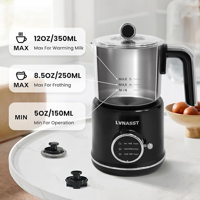 Milk Frother Warmer 3in1 Electric Milk Steamer Stainless Steel Foam Maker, 12oz Hot Cold Frothing, Thick Foam for Macchiatos, Cappuccinos (Black)