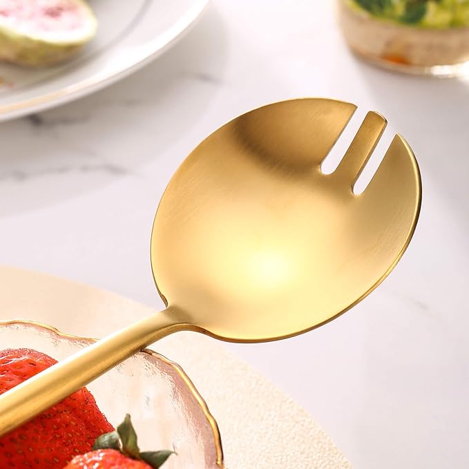Lemeya Gold Salad Serving Utensils,Serving Spoons Stainless Steel,2Pcs Long Handle Salad Servers 11.42 Inch,Salad Utensils for Serving,Matte Finish,Dishwasher Safe