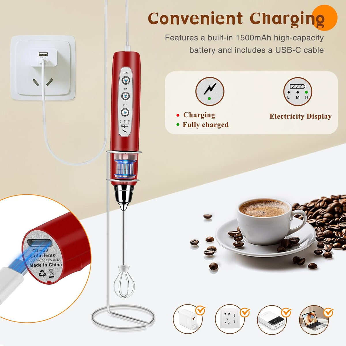Milk Frother Handheld Rechargeable with Stand, Frother Wand Drink Mixer Electric Whisk for Coffee, Detachable With 3 Stainless Whisks, Hand Mixer for Lattes, Cappuccino, Matcha, Egg, Red