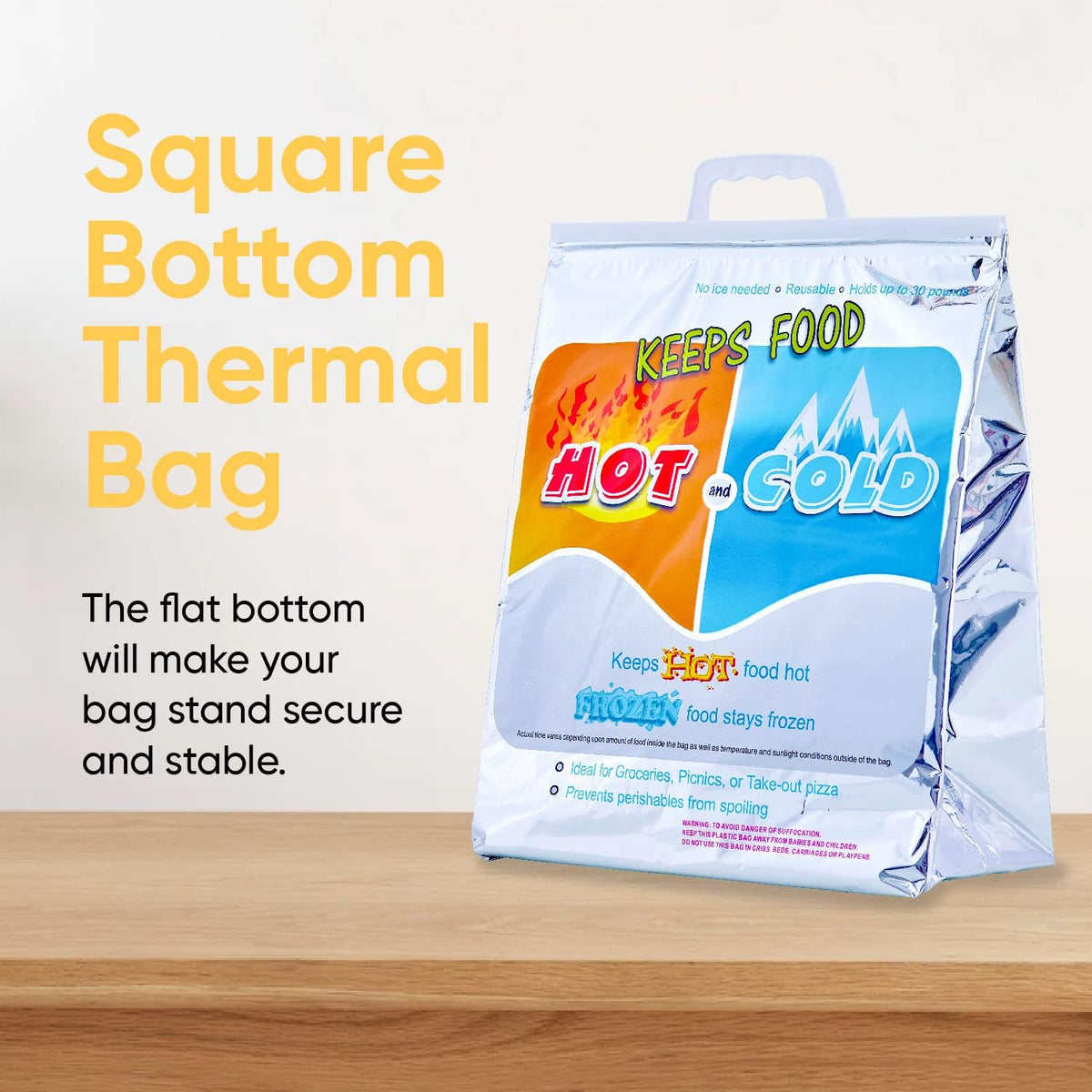 Superio Hot and Cold Insulated Bags for Food Delivery, Grocery Shopping Bags, Food Storage for Hot and Frozen Food for Travel, Disposable Cooler Bag, Reinforced Thermal Lunch Bag (3, 13"x7"x15.5")