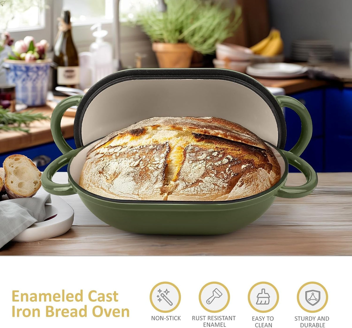 Dutch Oven for Bread Baking – Premium Cast Iron Pot with Lid – Perfect for Sourdough, Artisan Loaves & No-Knead Bread – 2 QT / 1.9L (Enameled, Round, Oven & Stovetop Safe), Green