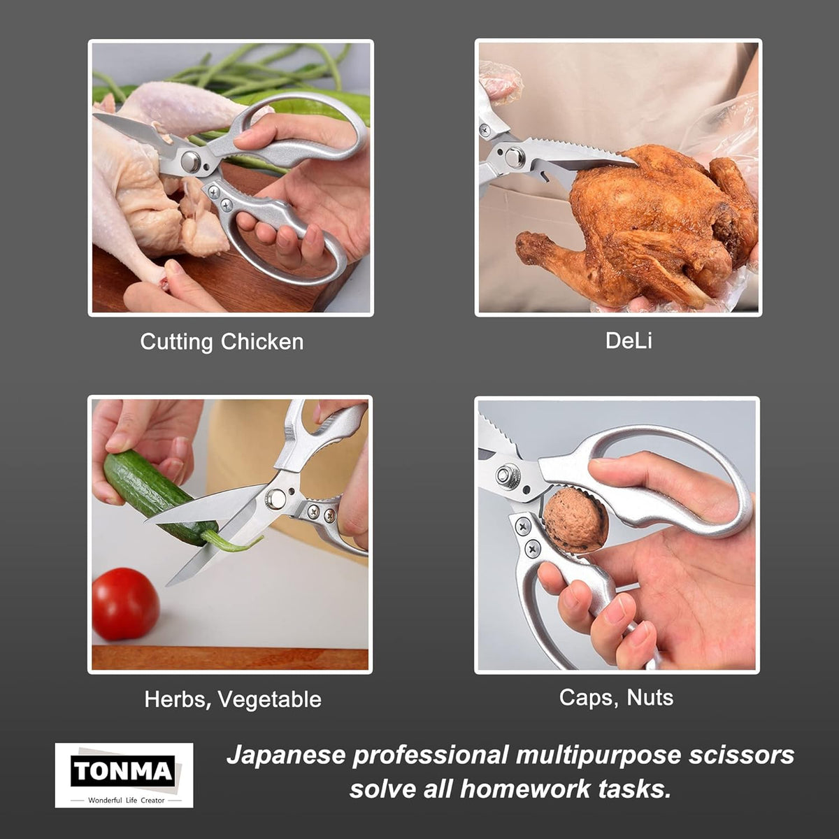 TONMA Heavy Duty Kitchen Scissors All Purpose [Made in Japan] Stainless Steel Japanese Multipurpose Kitchen Shears for Herbs, Chicken, Food, Garden, Office, Crafting, Leather, Dishwasher Safe