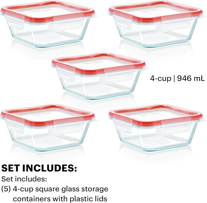 Pyrex Freshlock (5-Pack, 4 Cup) Glass Food Storage Containers Set, Airtight & Leakproof Locking Lids BPA-Free, Meal Prep Containers Set, Freezer Dishwasher Microwave Safe