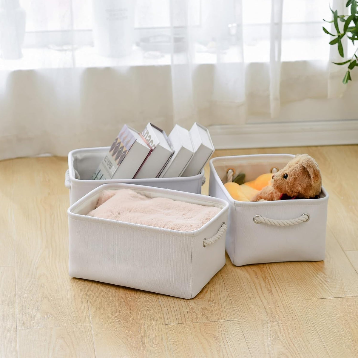 TheWarmHome Storage Bins for Shelves - Medium 3Pack 13.8L*9.8W*6.7H inch Fabric Storage Cubes Canves Storage Basket for Organizing Toys Baby Clothes Gift Dog (White)