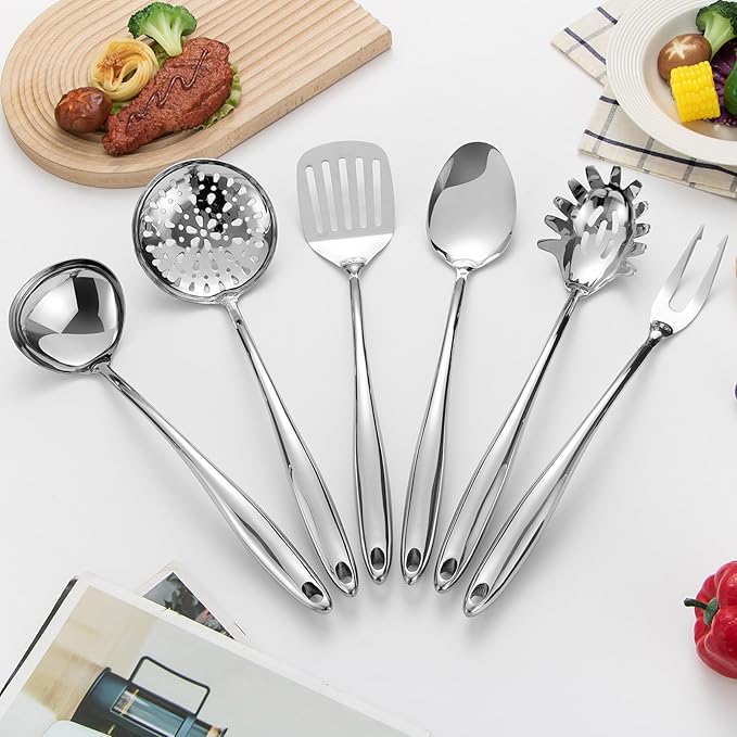 304 Stainless Steel Kitchen Utensils Set, 6 Pcs Long Metal Cooking Utensil with Spatula, Solid Spoon, Ladle, Skimmer, Spaghetti Spoon, Meat Fork, Dishwasher Safe