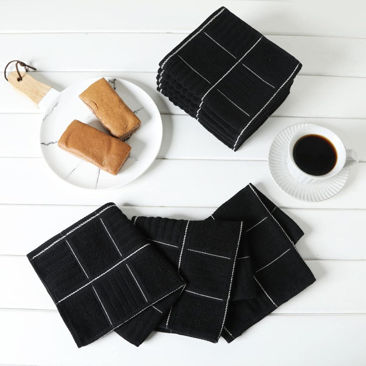 Glynniss Dish Cloths for Kitchen Washing Dishes, Super Absorbent Dish Rags, Cotton Terry Cleaning Cloths Pack of 8 (Black, 12x12 inches)