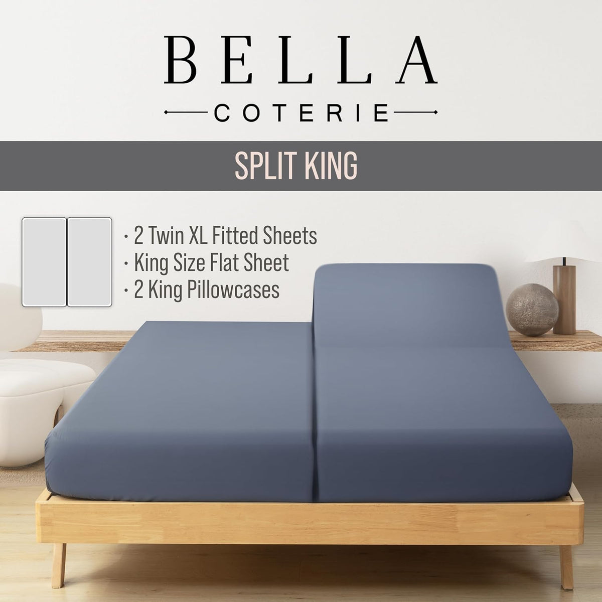 Bella Coterie Luxury Bamboo Viscose Split King Size Sheet Set | 100% Organically Grown | Ultra Soft | Cooling for Hot Sleepers | 18" Deep Pocket [Slate Blue]