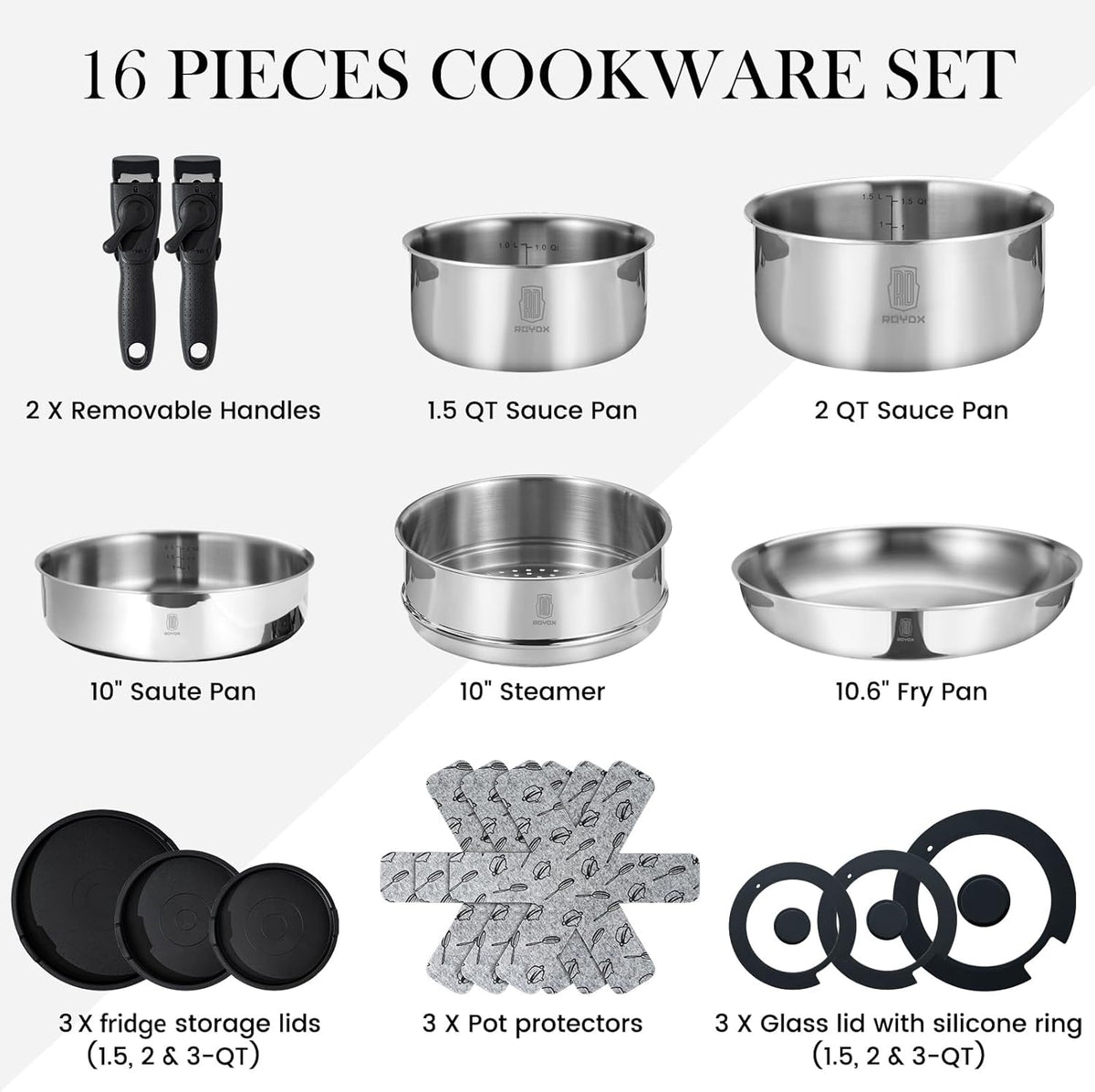 ROYDX 3-Ply Pots and Pans Set,18/10 Stainless Steel Cookware Set with Detachable Handles,PFOA Free, Frying Pan,Saucepans with Lid for All Stoves, Dishwasher and Oven Safe, Camping