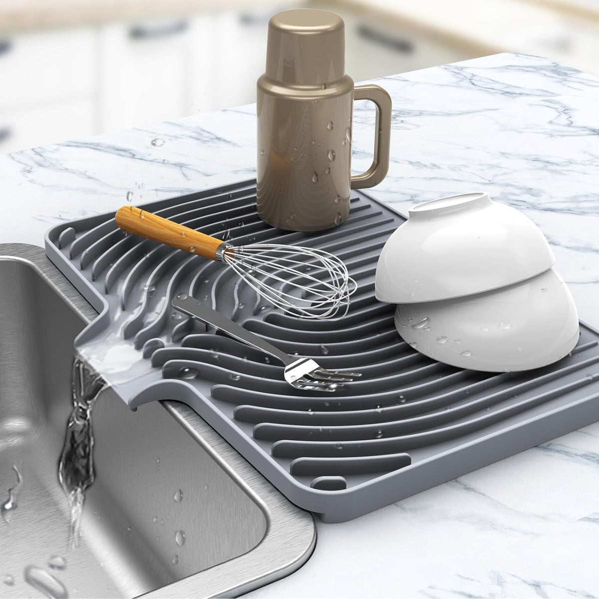 Kitchen Drying Mat for sink with a bulged edge,18"×12"Silicone Dish Drying Mat with built-in Drain Spout, Rubber Dish Mat for Kitchen (18"×12"gray)