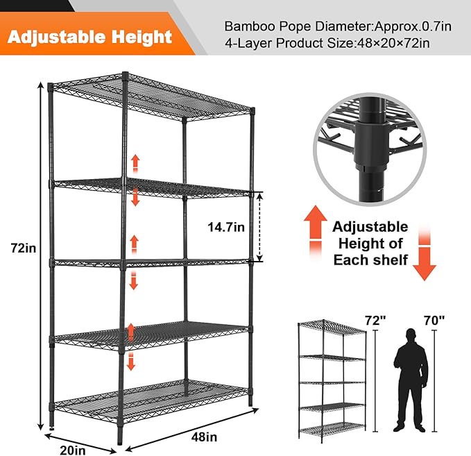Land Guard 5 Tier Black Storage Racks and Shelving - 48" L x 20" W x 72" H Heavy Steel Material Pantry Shelves - Each Unit Loads 350 Pounds Wire Shelf, Suitable for Warehouses, Closets, Kitchens……