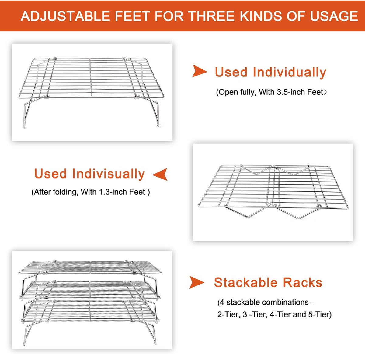 P&P CHEF Cooling Rack, 5-Tier Stainless Steel Stackable Baking Cooking Racks for Cooling Roasting Grilling, Collapsible & Heavy Duty, Oven Safe & Easy Clean, 15" x 10", Silver