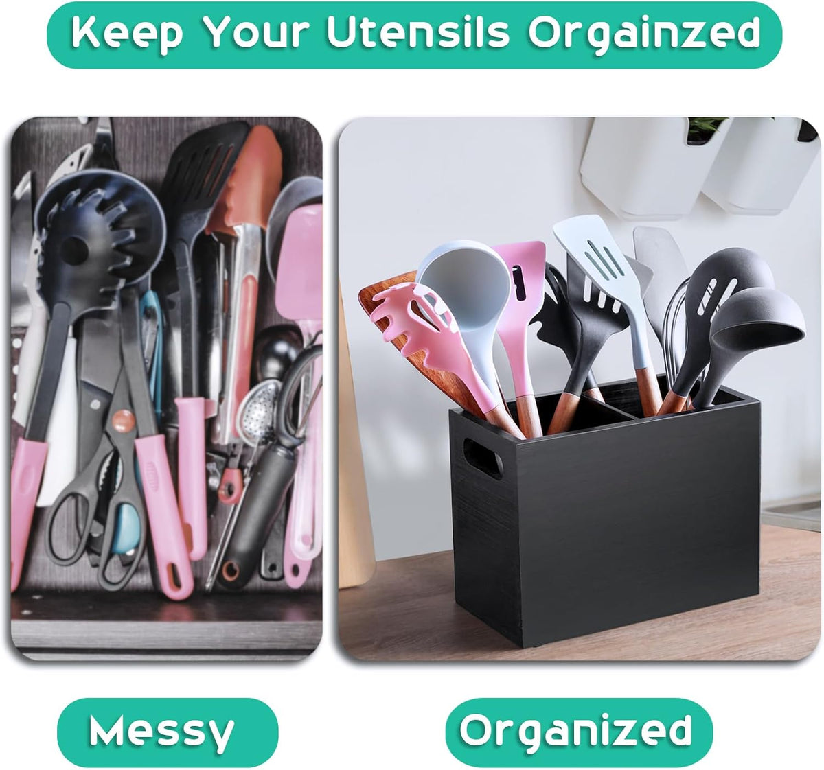 ALELION Black Utensil Holder for Kitchen Counter - 2 Compartment Large Utensil Caddy Organizer for Countertop - Kitchen Tool Holder for Spatula Ladles