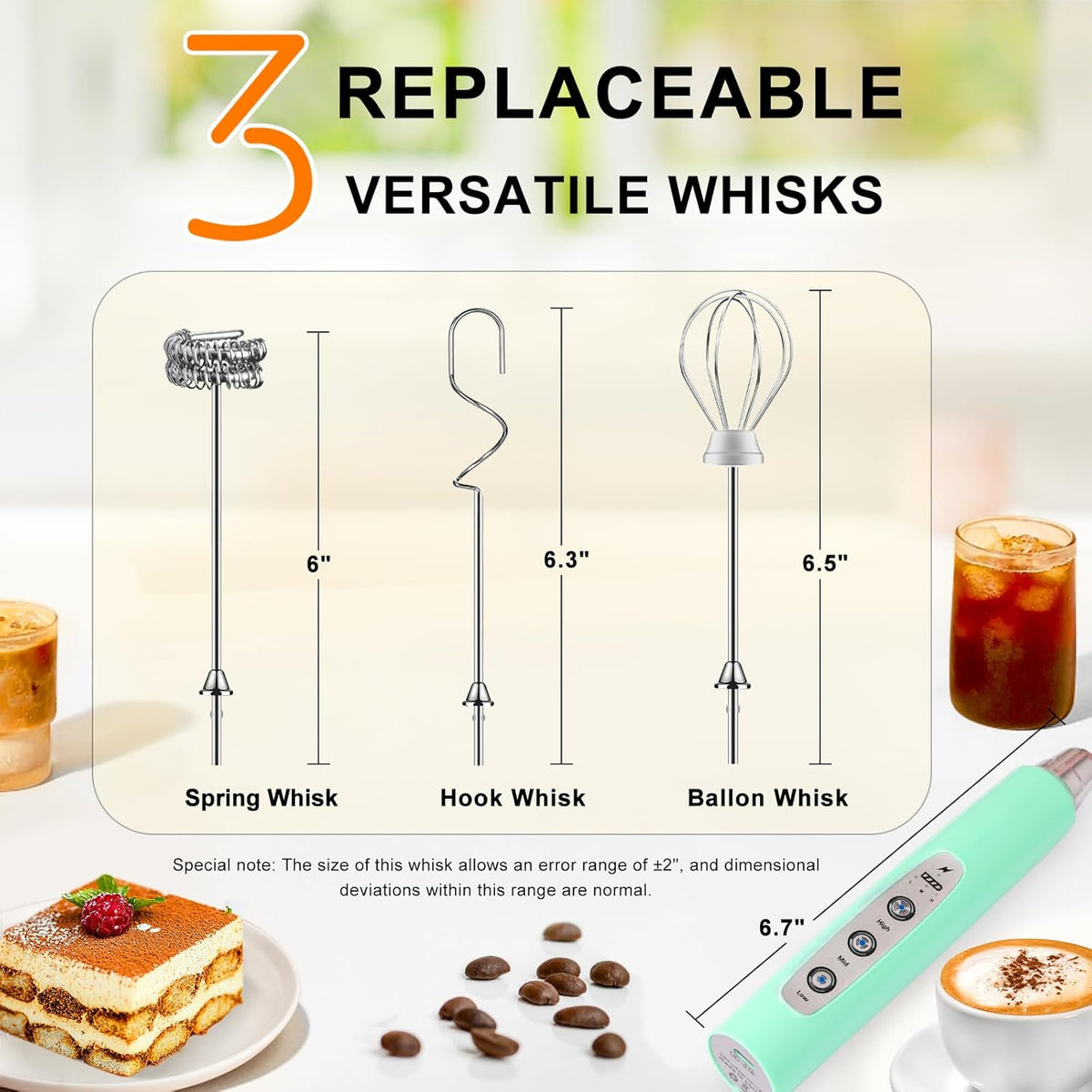 YUSWKO Baby Blue Handheld Milk Frother Wand for Coffee, Rechargeable Electric Whisk with 3 Heads 3 Speeds Drink Mixer Coffee Frother For Latte, Cappuccino, Hot Chocolate, Egg