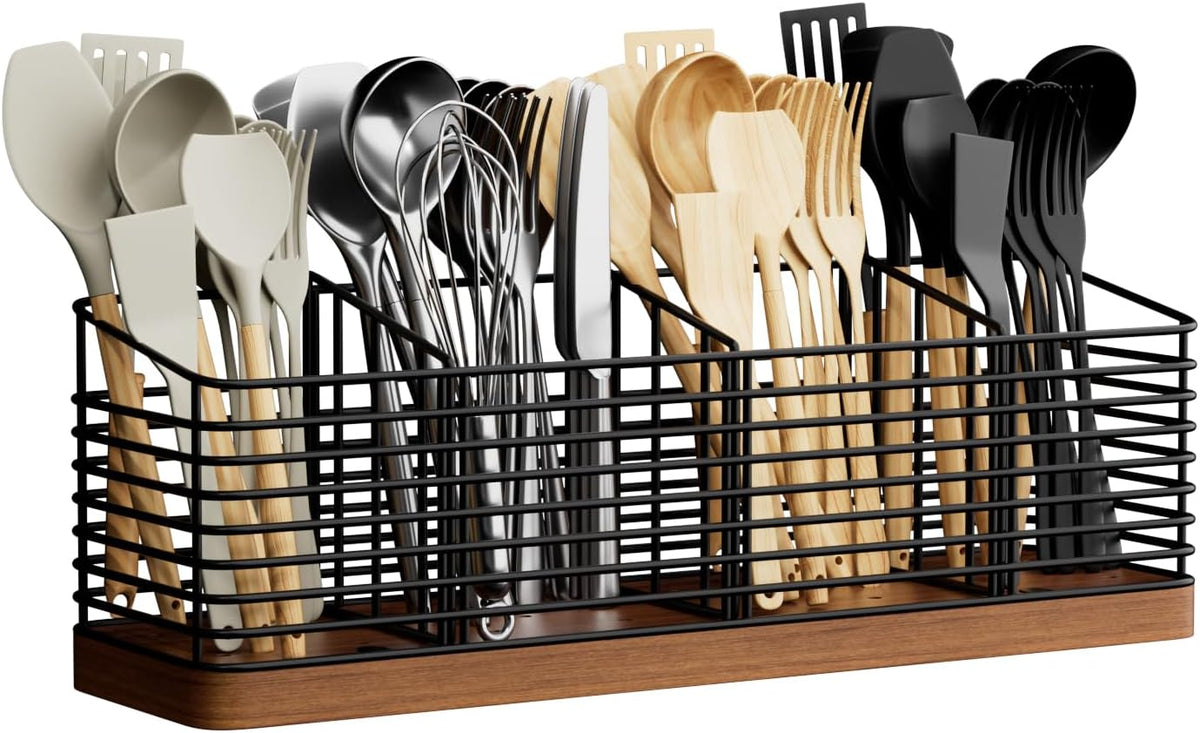 Large Utensil Holder for Kitchen Counter with 4 Compartments, Matte Black Metal Holder with Wooden Base Cooking Utensil Organizer for Spatula Utensil Crock Caddy